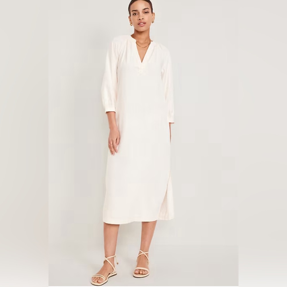 NWT Old Navy Split Neck Linen-Blend Midi Ivory Dress Large